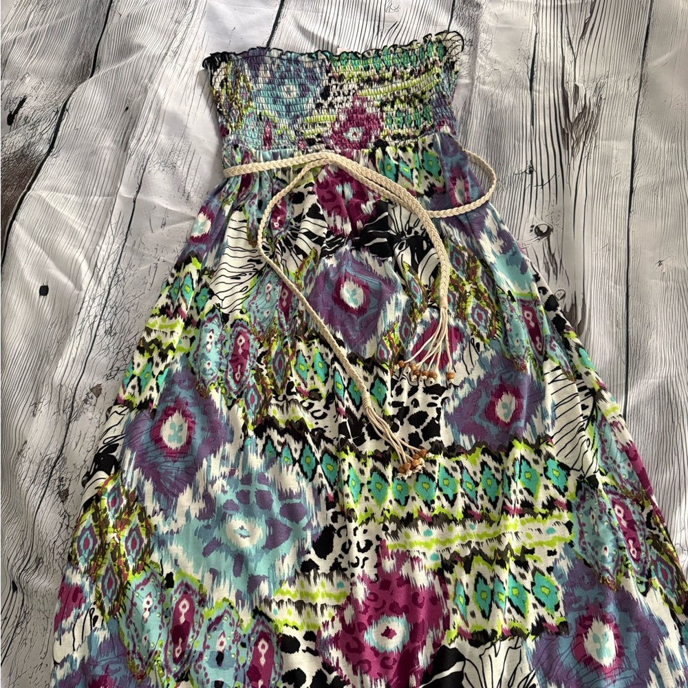 Boho Smocked Top ankle length for a 5’6” person ~ white skinny belt